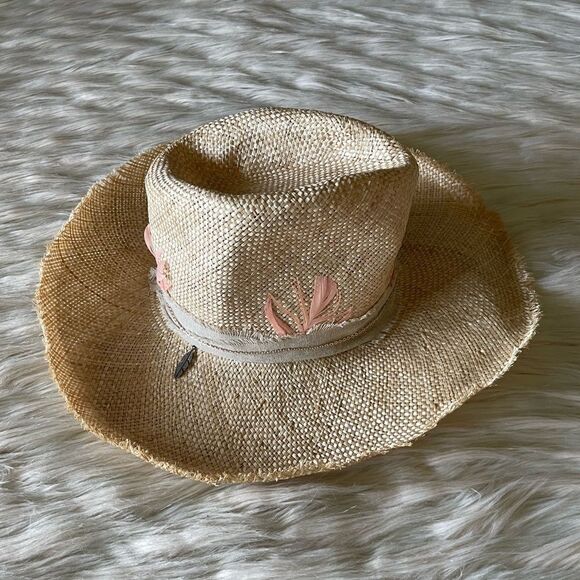House of Lafayette Tan Straw cowgirl Hat with feathers. - Picture 5 of 11